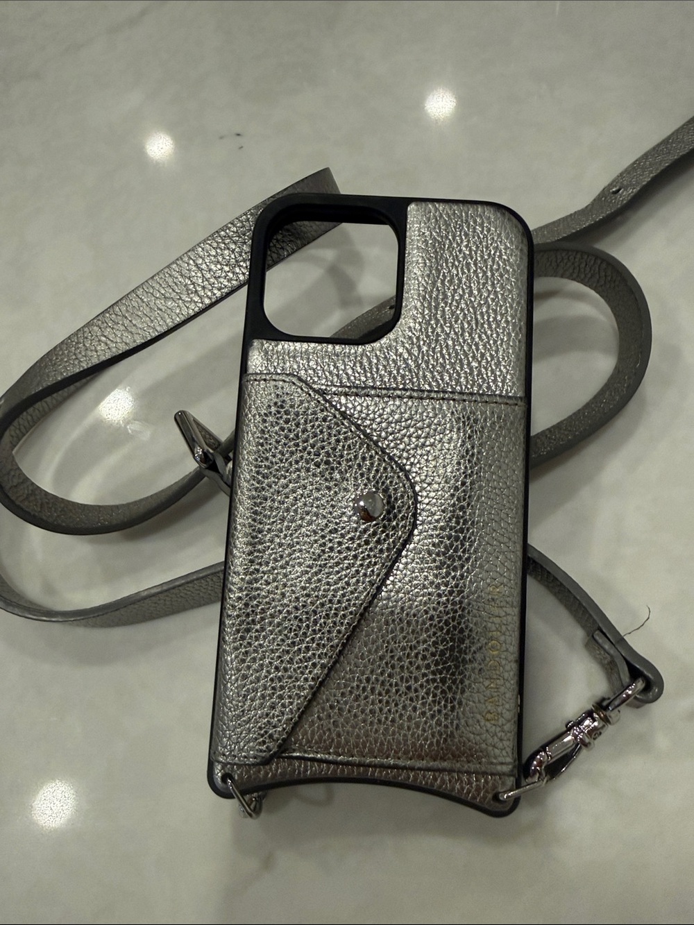 Bandolier Metallic Silver Pebbled Crossbody Phone Wallet iPhone 13 Pro Max